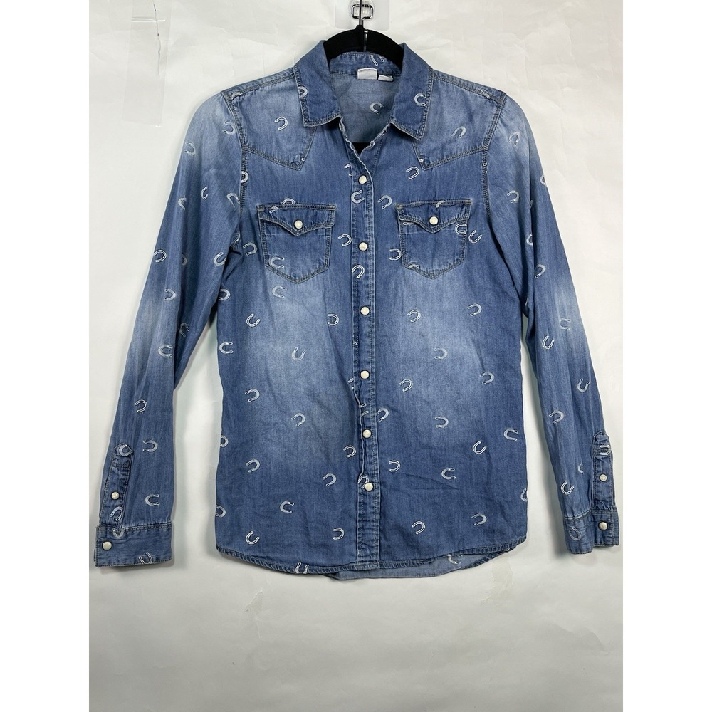 Roxy Women's Chambray Denim Horseshoe Embroidered‎ Snap Button Top Sz Small